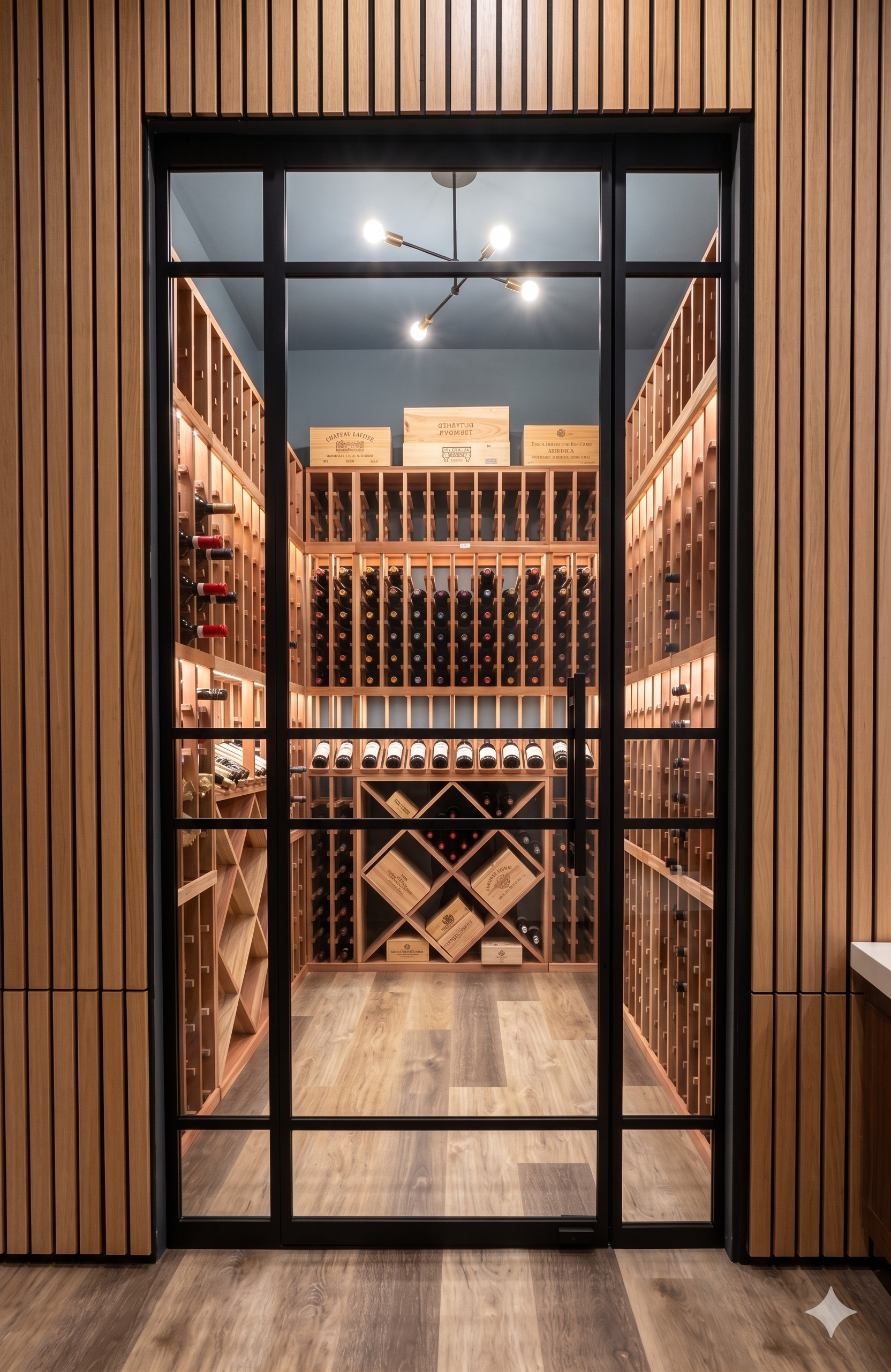 Custom glass wine cellar door — view into wood-racked wine cellar with chandelier by WiseGlass NY