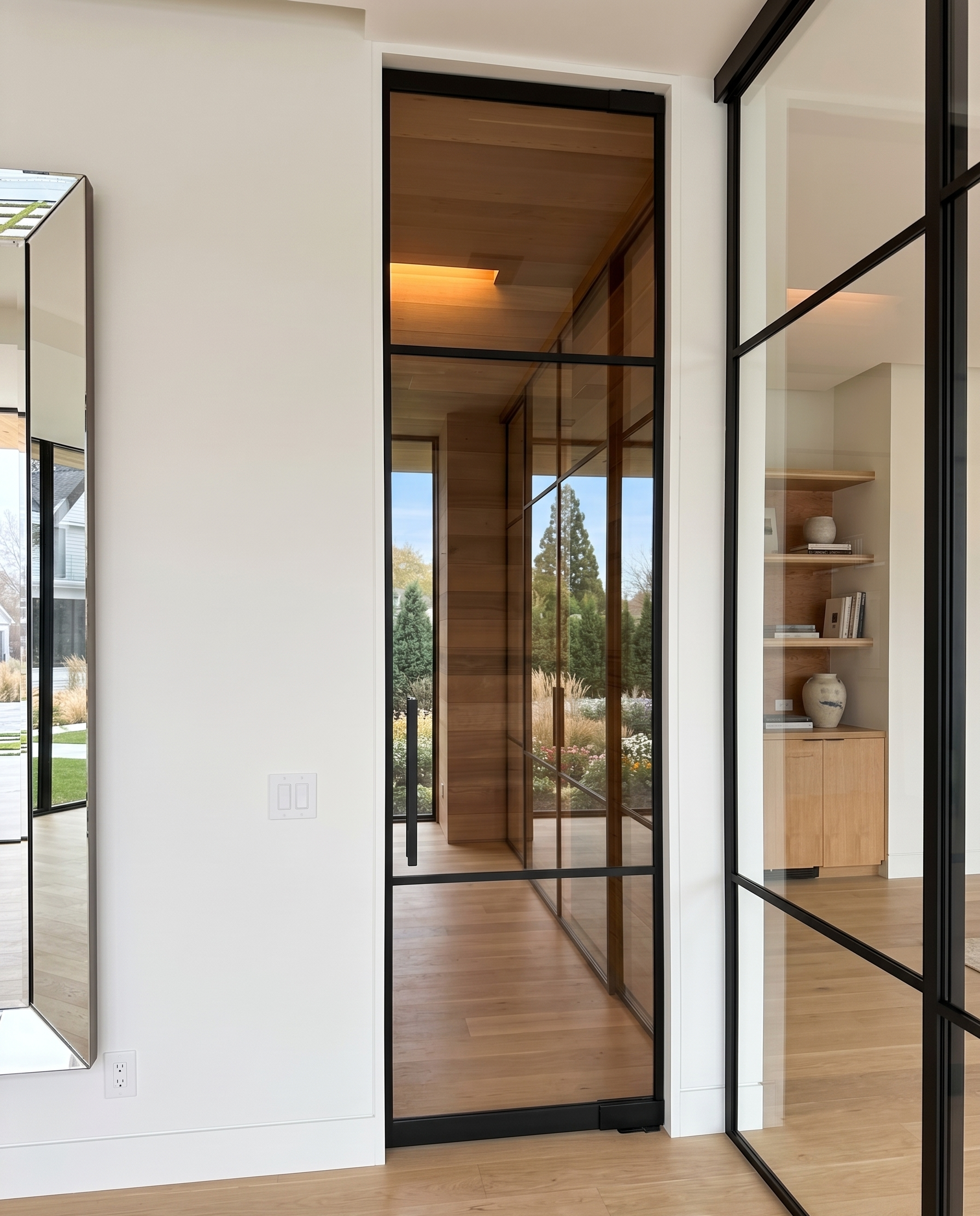 Custom low iron glass privacy door with anodized aluminum frame — WiseGlass NY, Water Mill NY estate