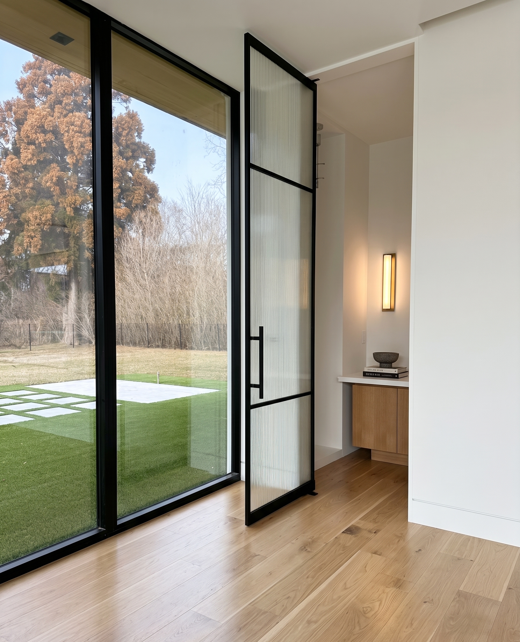 Completed glass partition system with reeded privacy glass and anodized aluminum frame — WiseGlass NY, Water Mill NY estate