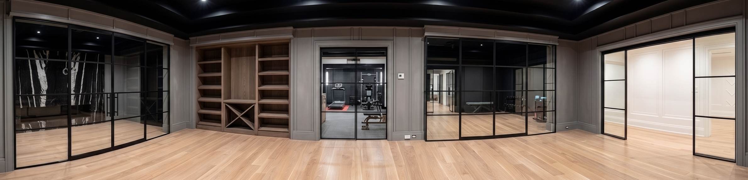 360° panorama — multiple black matte powder-coated double swinging and double sliding glass partitions throughout Saddle River NJ estate by WiseGlass NY