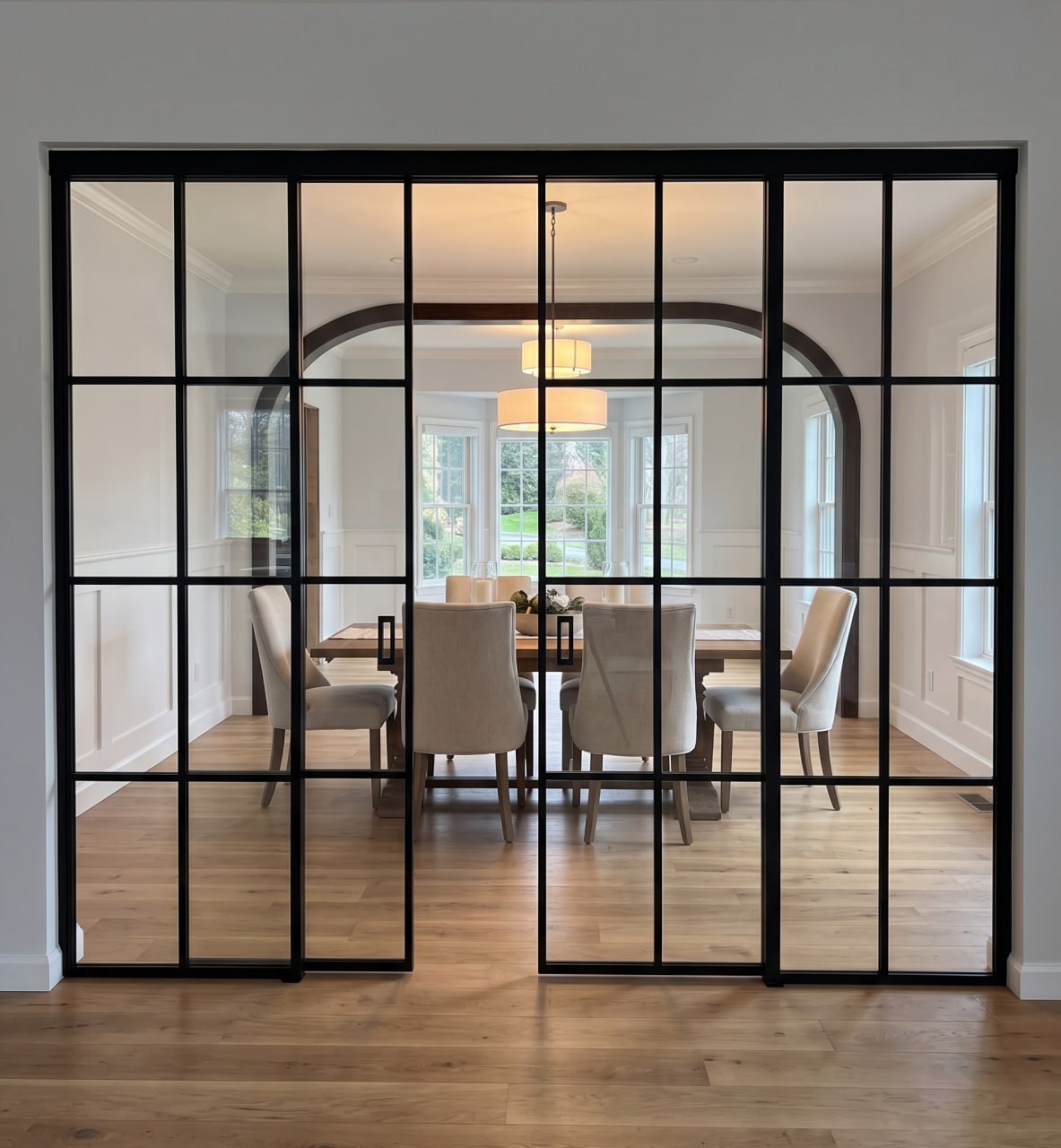Custom double sliding black matte glass partition with extra grid mullions — designer dining room commission by WiseGlass NY