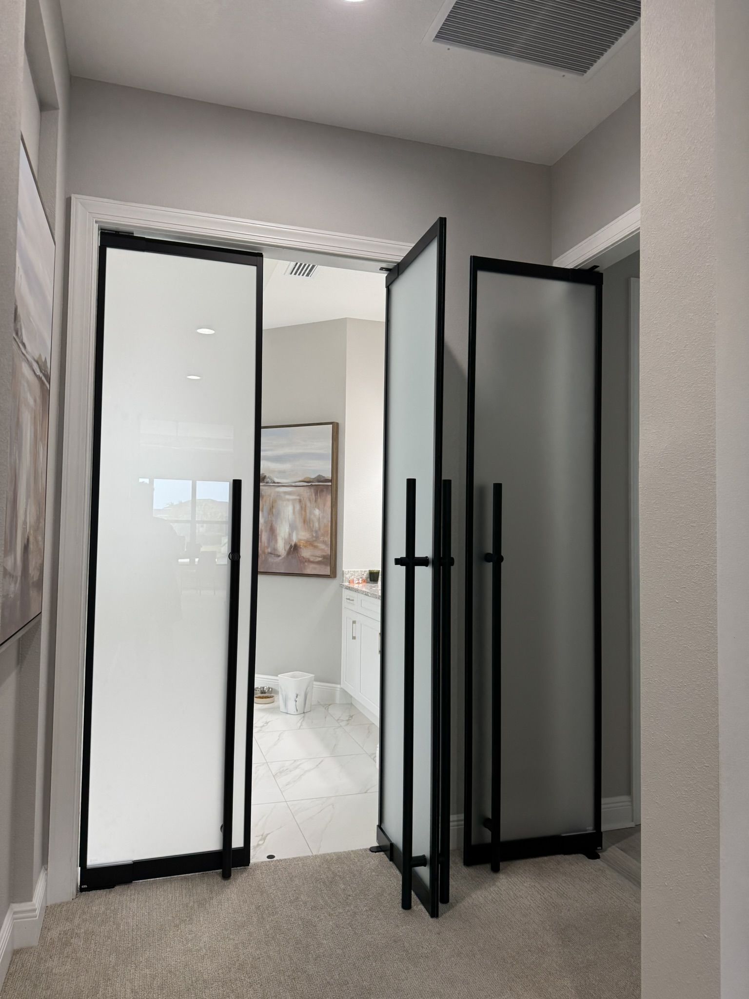 Custom frosted glass bi-fold doors in black matte aluminum frame — WiseGlass NY